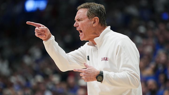 Feb 9, 2026; Lawrence, Kansas, USA; Kansas Jayhawks head coach Bill Self reacts during the first half against the Arizona Wildcats at Allen Fieldhouse. Mandatory Credit: Jay Biggerstaff-Imagn Images
