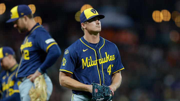 Apr 21, 2025; San Francisco, California, USA; Milwaukee Brewers starting pitcher Quinn Priester (46) is removed from the game by manager Pat Murphy (49) during the fifth inning against the San Francisco Giants at Oracle Park. Mandatory Credit: Sergio Estrada-Imagn Images