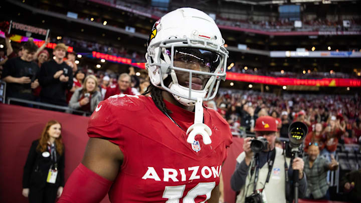 Jan 5, 2025; Glendale, Arizona, USA; Arizona Cardinals wide receiver Marvin Harrison Jr. (18) against the San Francisco 49ers at State Farm Stadium. Mandatory Credit: Mark J. Rebilas-Imagn Images Jan 5, 2025; Glendale, Arizona, USA; Arizona Cardinals wide receiver Marvin Harrison Jr. (18) against the San Francisco 49ers at State Farm Stadium. Mandatory Credit: Mark J. Rebilas-Imagn Images