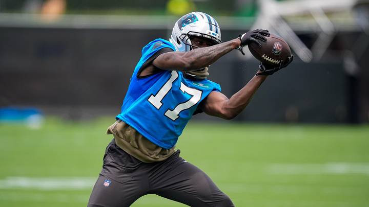 Carolina Panthers wide receiver Xavier Legette (17) reaches for the catch during the first day of mini camp Carolina Panthers wide receiver Xavier Legette (17) reaches for the catch during the first day of mini camp