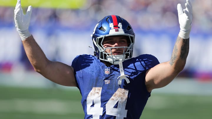 Sep 28, 2025; East Rutherford, New Jersey, USA; New York Giants running back Cam Skattebo (44) reacts during the third quarter against the Los Angeles Chargers at MetLife Stadium. Mandatory Credit: Brad Penner-Imagn Images