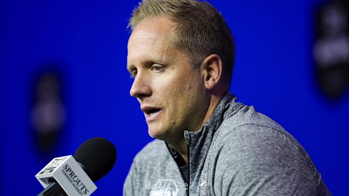 Oct 23, 2024; Kansas City, MO, USA; Brigham Young Cougars head coach Kevin Young talks to media during the Big 12 Men’s Basketball Media Day at T-Mobile Center. Mandatory Credit: Jay Biggerstaff-Imagn Images Oct 23, 2024; Kansas City, MO, USA; Brigham Young Cougars head coach Kevin Young talks to media during the Big 12 Men’s Basketball Media Day at T-Mobile Center. Mandatory Credit: Jay Biggerstaff-Imagn Images