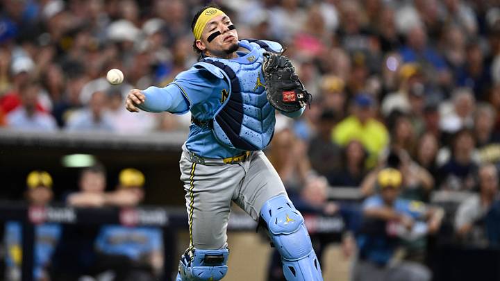 Aug 10, 2026; San Diego, California, USA; Milwaukee Brewers catcher William Contreras (24) throws out San Diego Padres shortstop Sung-Mun Song (24) during the third inning at Petco Park. Mandatory Credit: Denis Poroy-Imagn Images Aug 10, 2026; San Diego, California, USA; Milwaukee Brewers catcher William Contreras (24) throws out San Diego Padres shortstop Sung-Mun Song (24) during the third inning at Petco Park. Mandatory Credit: Denis Poroy-Imagn Images