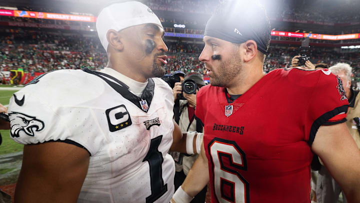 Eagles quarterback Jalen Hurts and Buccaneers quarterback Baker Mayfield will meet Sunday in a battle of unbeaten teams.