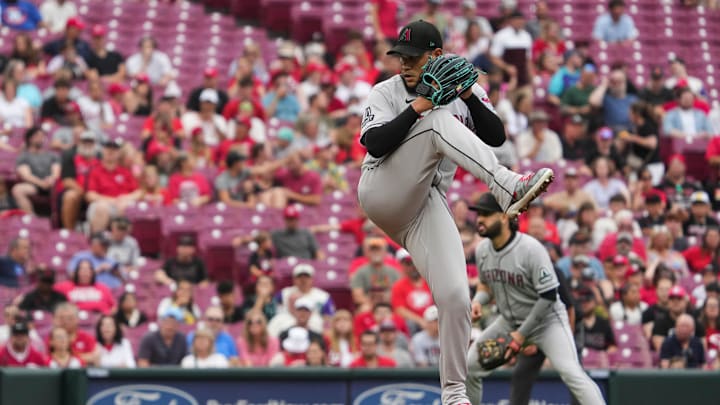 Diamondbacks Eduardo Rodriguez (57) throws his first pitch during the Reds vs. Diamondbacks game at Great American Ball Park on Friday June 6, 2025.