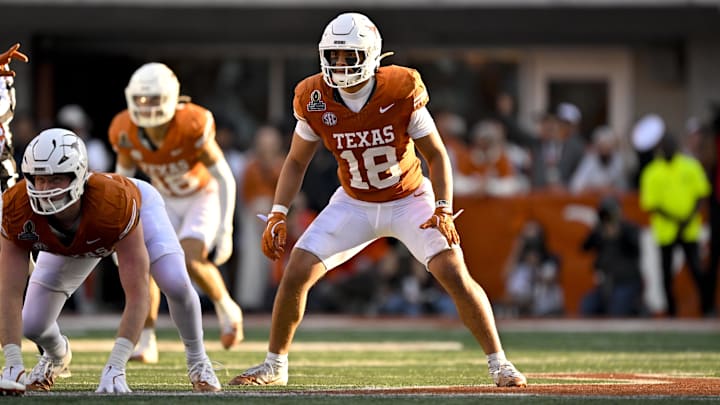 Dec 21, 2024; Austin, Texas, USA; Texas Longhorns linebacker Liona Lefau (18) in action during the game between the Texas Longhorns and the Clemson Tigers in the CFP National Playoff First Round at Darrell K Royal-Texas Memorial Stadium. Mandatory Credit: Jerome Miron-Imagn Images