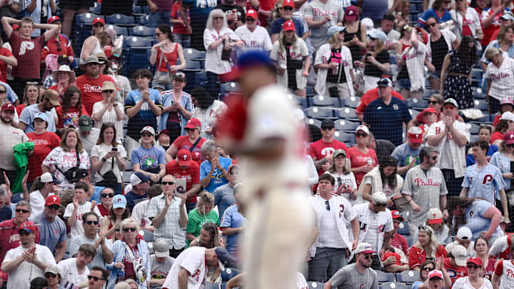 May 10, 2026; Philadelphia, Pennsylvania, USA; The crowd cheers as Philadelphia Phillies pitcher Jhoan Duran (59) pitches against the Colorado Rockies during the ninth inning at Citizens Bank Park. Mandatory Credit: John Jones-Imagn Images