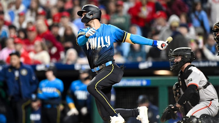 May 3, 2024; Philadelphia, Pennsylvania, USA; Philadelphia Phillies shortstop Trea Turner (7) hits a single against the San Francisco Giants during the fourth inning at Citizens Bank Park.