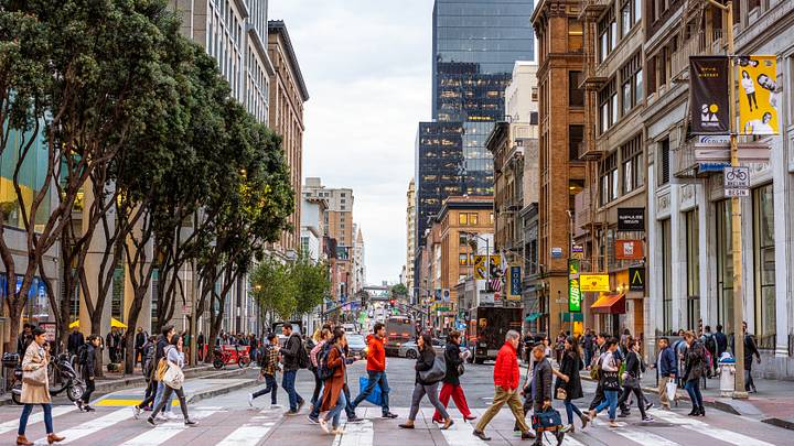 Pedestrians cross a street in San Francisco, which topped Walk Score's ranking of the most walkable cities in North America. Pedestrians cross a street in San Francisco, which topped Walk Score's ranking of the most walkable cities in North America.