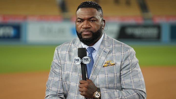 Oct 26, 2024; Los Angeles, California, USA; Fox Sports broadcaster David Ortiz speaks on field after game two between the Los Angeles Dodgers and the New York Yankees in the 2024 MLB World Series at Dodger Stadium. Mandatory Credit: Kirby Lee-Imagn Images