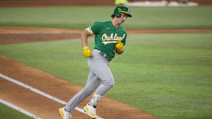 Sep 10, 2023; Arlington, Texas, USA; Oakland Athletics catcher Tyler Soderstrom (37) rounds the