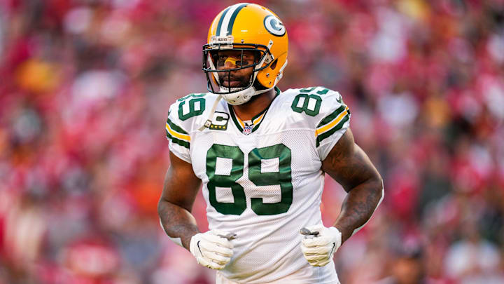 Nov 7, 2021; Kansas City, Missouri, USA; Green Bay Packers tight end Marcedes Lewis (89) runs off the field during the first half against the Kansas City Chiefs at GEHA Field at Arrowhead Stadium. Mandatory Credit: Jay Biggerstaff-Imagn Images