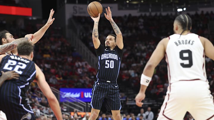 Orlando Magic guard Cole Anthony (50) shoots the ball during the fourth quarter against the Houston Rockets at Toyota Center.