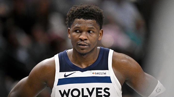 Mar 30, 2026; Dallas, Texas, USA; Minnesota Timberwolves guard Anthony Edwards (5) looks on during the second half against the Dallas Mavericks at the American Airlines Center. Mandatory Credit: Jerome Miron-Imagn Images Mar 30, 2026; Dallas, Texas, USA; Minnesota Timberwolves guard Anthony Edwards (5) looks on during the second half against the Dallas Mavericks at the American Airlines Center. Mandatory Credit: Jerome Miron-Imagn Images