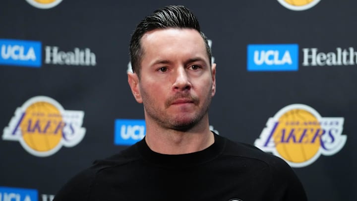 Mar 17, 2025; Los Angeles, California, USA; Los Angeles Lakers coach JJ Redick at press conference at the Crypto.com Arena. Mandatory Credit: Kirby Lee-Imagn Images Mar 17, 2025; Los Angeles, California, USA; Los Angeles Lakers coach JJ Redick at press conference at the Crypto.com Arena. Mandatory Credit: Kirby Lee-Imagn Images