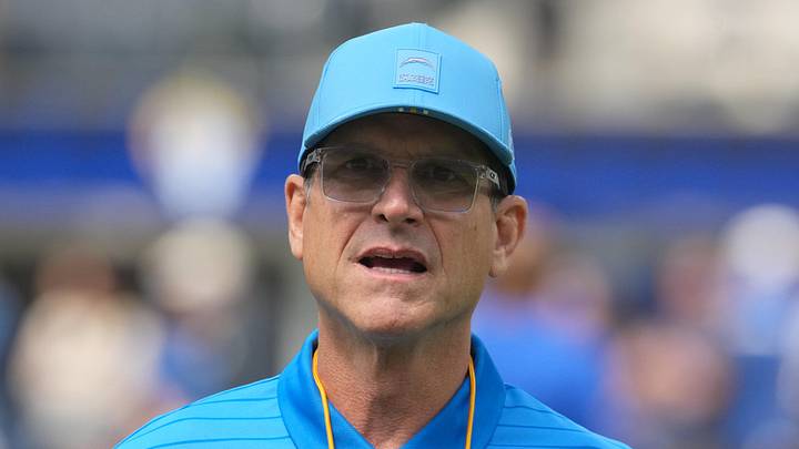 Aug 16, 2025; Inglewood, California, USA; Los Angeles Chargers coach Jim Harbaugh reacts during the game against the Los Angeles Rams at SoFi Stadium. Mandatory Credit: Kirby Lee-Imagn Images