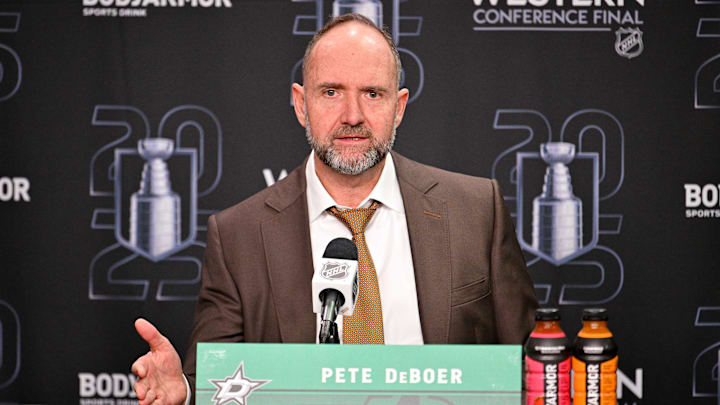 Dallas Stars head coach Pete DeBoer speaks to the media after the game against the Edmonton Oilers. Dallas Stars head coach Pete DeBoer speaks to the media after the game against the Edmonton Oilers.