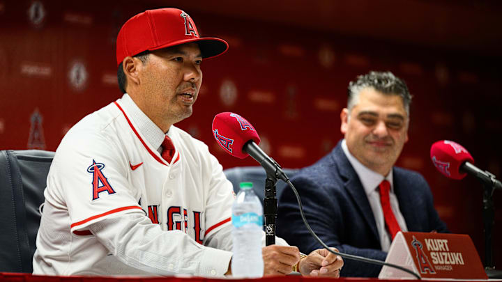 Oct 22, 2025; Los Angeles, CA, USA; Los Angeles Angels manager Kurt Suzuki speaks during a press conference at Angel Stadium. Mandatory Credit: William Liang-Imagn Images Oct 22, 2025; Los Angeles, CA, USA; Los Angeles Angels manager Kurt Suzuki speaks during a press conference at Angel Stadium. Mandatory Credit: William Liang-Imagn Images