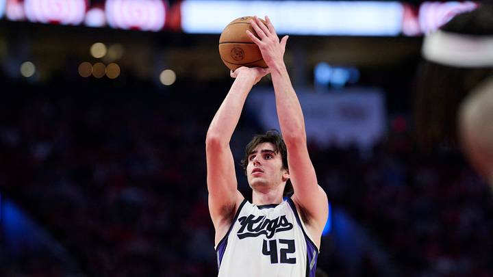 Apr 12, 2026; Portland, Oregon, USA; Sacramento Kings center Maxime Raynaud (42) shoots a free throw during the second half against the Portland Trail Blazers at Moda Center. Mandatory Credit: Troy Wayrynen-Imagn Images