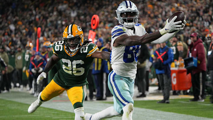 Dallas Cowboys wide receiver CeeDee Lamb (88) eats Green Bay Packers safety Darnell Savage (26) for Dallas Cowboys wide receiver CeeDee Lamb (88) eats Green Bay Packers safety Darnell Savage (26) for