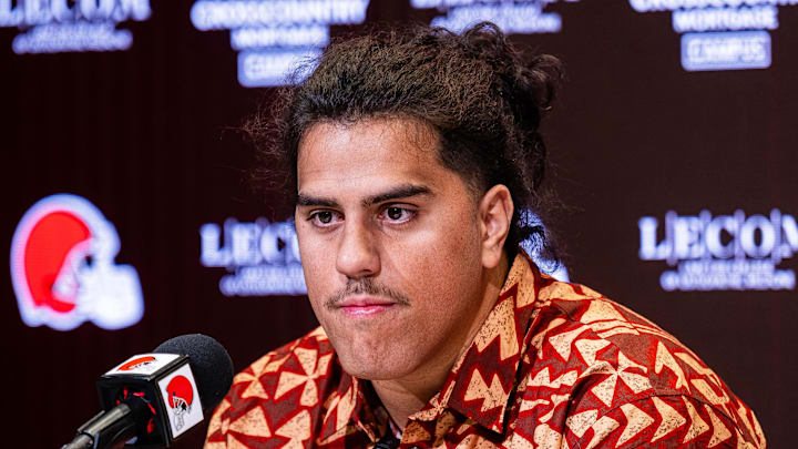 Apr 24, 2026; Berea, OH, USA; Cleveland Browns first round draft pick Spencer Fano talks to the media during an introductory press conference at CrossCountry Mortgage Campus. Mandatory Credit: Ken Blaze-Imagn Images