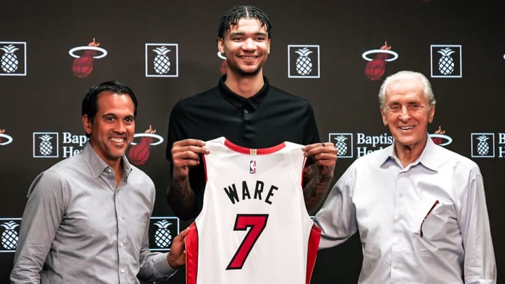 Miami Heat head coach Erik Spoelstra (left) with first-round pick Kel'el Ware and team president Pat Riley (right).