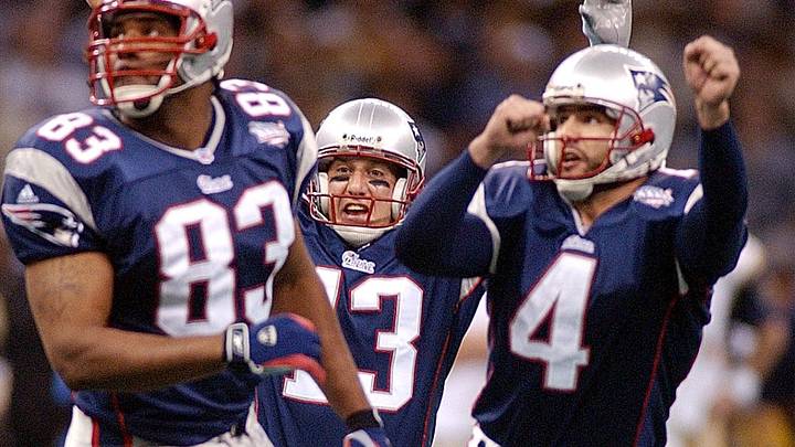 Feb 3, 2002; New Orleans, Louisiana, USA; New England Patriots players Rod Rutledge (83) and Ken Walter (13) and Adam Vinatieri (4) celebrate Vinatieri's game-winning field goal against the St. Louis Rams to win Super Bowl XXXVI at the Louisiana Superdom. Mandatory Credit: Glenn Osmundson/Providence Journal-USA TODAY NETWORK Feb 3, 2002; New Orleans, Louisiana, USA; New England Patriots players Rod Rutledge (83) and Ken Walter (13) and Adam Vinatieri (4) celebrate Vinatieri's game-winning field goal against the St. Louis Rams to win Super Bowl XXXVI at the Louisiana Superdom. Mandatory Credit: Glenn Osmundson/Providence Journal-USA TODAY NETWORK