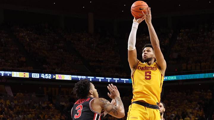 Feb 16, 2026; Ames, Iowa, USA; Iowa State Cyclones forward Joshua Jefferson (5) shoots over Houston Cougars guard Ramon Walker Jr. (3) during the first half at James H. Hilton Coliseum. Feb 16, 2026; Ames, Iowa, USA; Iowa State Cyclones forward Joshua Jefferson (5) shoots over Houston Cougars guard Ramon Walker Jr. (3) during the first half at James H. Hilton Coliseum.