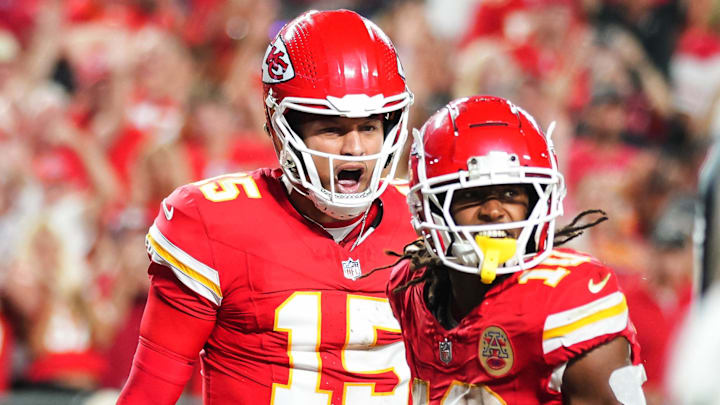 Sep 5, 2024; Kansas City, Missouri, USA; Kansas City Chiefs starting quarterback Patrick Mahomes (15) and running back Isiah Pacheco (10) celebrate after a touchdown during the second half against the Baltimore Ravens at GEHA Field at Arrowhead Stadium. Mandatory Credit: Jay Biggerstaff-Imagn Images Sep 5, 2024; Kansas City, Missouri, USA; Kansas City Chiefs starting quarterback Patrick Mahomes (15) and running back Isiah Pacheco (10) celebrate after a touchdown during the second half against the Baltimore Ravens at GEHA Field at Arrowhead Stadium. Mandatory Credit: Jay Biggerstaff-Imagn Images