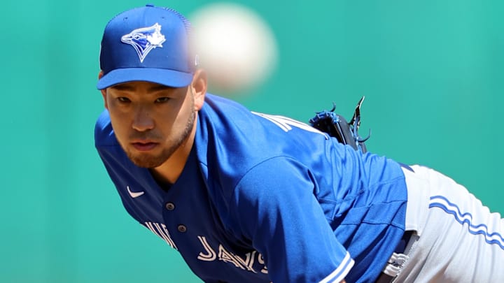 Mar 12, 2023; Clearwater, Florida, USA; Toronto Blue Jays starting pitcher Yusei Kikuchi (16) throws