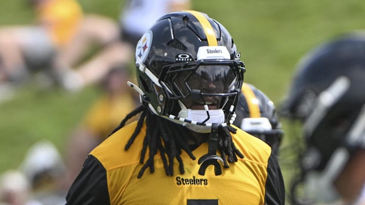 Jul 25, 2025; Pittsburgh, PA, USA; Pittsburgh Steelers defensive back Jalen Ramsey (5) participates in drills during training camp at Saint Vincent College. Mandatory Credit: Barry Reeger-Imagn Images