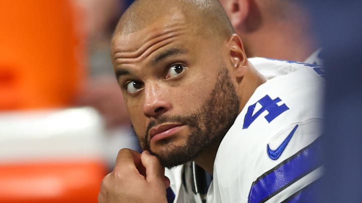 Dallas Cowboys quarterback Dak Prescott on the bench against the Atlanta Falcons.