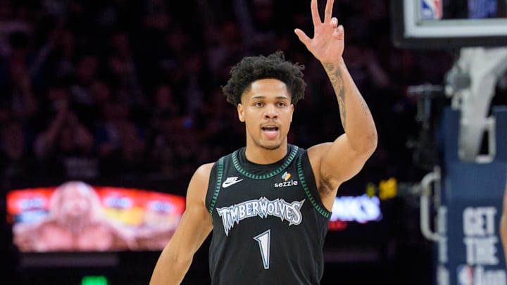 Apr 25, 2026; Minneapolis, Minnesota, USA; Minnesota Timberwolves guard Terrence Shannon Jr. (1) reacts after scoring a three-point shot against the Denver Nuggets in the second quarter at Target Center. Mandatory Credit: Matt Blewett-Imagn Images