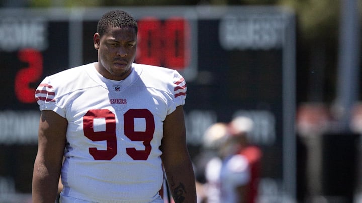 May 9, 2025; Santa Clara, CA, USA; San Francisco 49ers second-round draft pick Alfred Collins (99) watches his teammates work out during the teamís rookie minicamp. Mandatory Credit: D. Ross Cameron-Imagn Images May 9, 2025; Santa Clara, CA, USA; San Francisco 49ers second-round draft pick Alfred Collins (99) watches his teammates work out during the teamís rookie minicamp. Mandatory Credit: D. Ross Cameron-Imagn Images