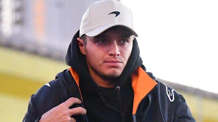 Nov 21, 2024; Las Vegas, Nevada, USA; McLaren driver Lando Norris (4) arrives before practice for the Las Vegas Grand Prix at Las Vegas Circuit. Mandatory Credit: Gary A. Vasquez-Imagn Images