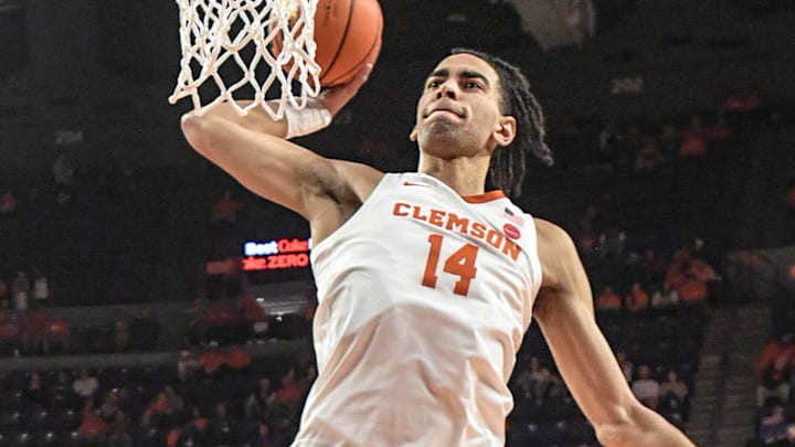 Nov 4, 2024; Clemson, SC, USA; Clemson center Christian Reeves (14) warms up before tipoff at Littlejohn Coliseum in Clemson, S.C Monday, November 4, 2024.       Mandatory Credit: Ken Ruinard/USA TODAY Network via Imagn Images 