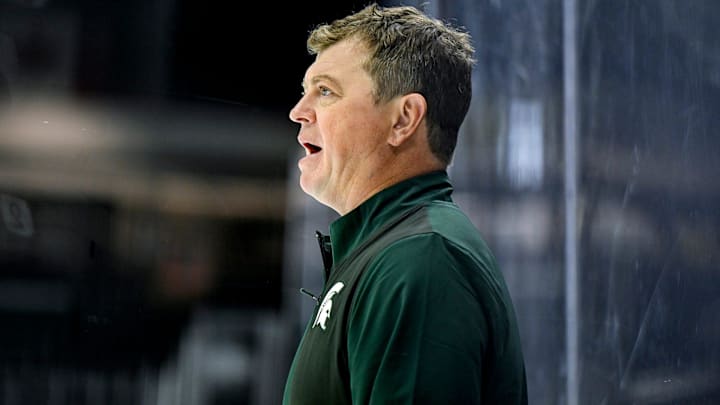 Michigan State's head coach Adam Nightingale calls out to players during hockey practice on Thursday, Sept. 25, 2025, at Munn Arena in East Lansing.