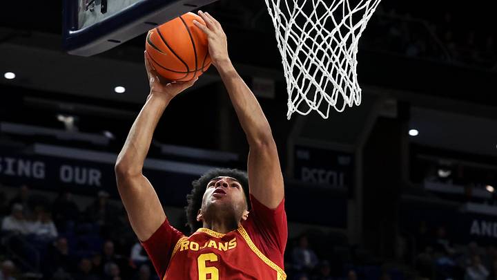 Feb 8, 2026; University Park, Pennsylvania, USA; Southern California Trojans forward Jacob Cofie (6) shoots a layup during the second half against the Penn State Nittany Lions at Bryce Jordan Center. Feb 8, 2026; University Park, Pennsylvania, USA; Southern California Trojans forward Jacob Cofie (6) shoots a layup during the second half against the Penn State Nittany Lions at Bryce Jordan Center.