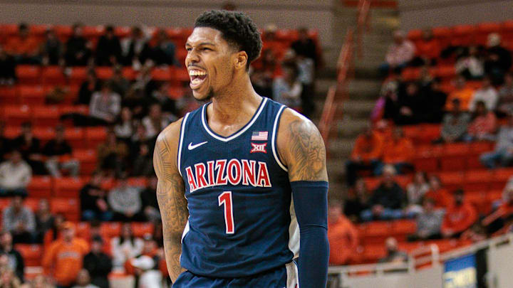 Arizona Wildcats guard Caleb Love (1) reacts after a play during the second half against the Oklahoma State Cowboys at Gallagher-Iba Arena.