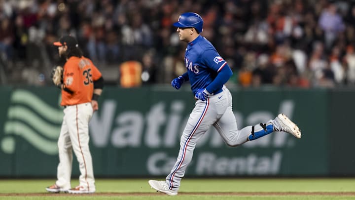 Aug 11, 2023; San Francisco, California, USA; Texas Rangers first baseman Nathaniel Lowe (30) runs the bases after hitting a solo home run against the San Francisco Giants during the sixth inning at Oracle Park. Aug 11, 2023; San Francisco, California, USA; Texas Rangers first baseman Nathaniel Lowe (30) runs the bases after hitting a solo home run against the San Francisco Giants during the sixth inning at Oracle Park.