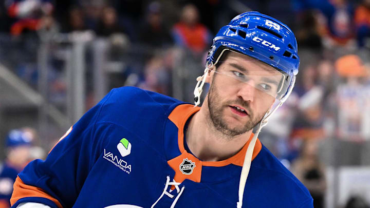 Dec 19, 2025; Elmont, New York, USA; New York Islanders left wing Jonathan Drouin (29) warms up before a game against the Vancouver Canucks at UBS Arena. Mandatory Credit: John Jones-Imagn Images