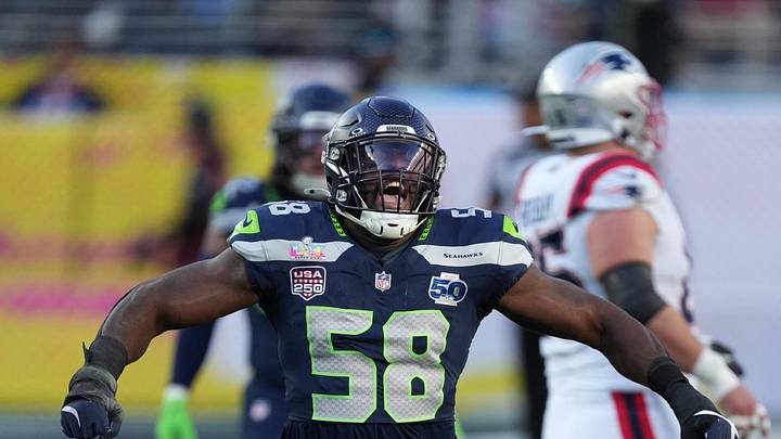 Feb 8, 2026; Santa Clara, CA, USA; Seattle Seahawks linebacker Derick Hall (58) celebrates against the New England Patriots in the first half in Super Bowl LX at Levi's Stadium. Mandatory Credit: Cary Edmondson-Imagn Images