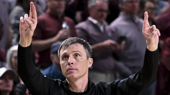 Texas A&M Aggies head coach Bucky McMillan motions during the second half against the Ole Miss Rebels