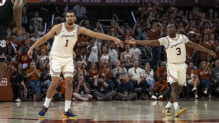 Mar 2, 2024; Austin, Texas, USA; Texas longhorns forward Dylan Disu (1) and guard Max Abmas (3).
