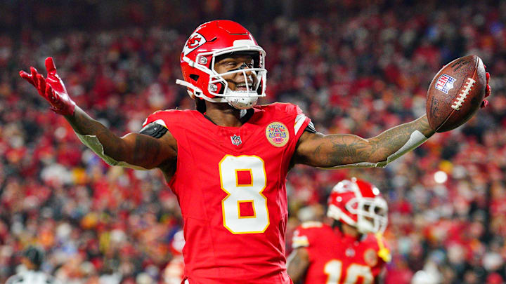 Dec 8, 2024; Kansas City, Missouri, USA; Kansas City Chiefs wide receiver DeAndre Hopkins (8) celebrates after scoring against the Los Angeles Chargers during the first half at GEHA Field at Arrowhead Stadium. Mandatory Credit: Denny Medley-Imagn Images
