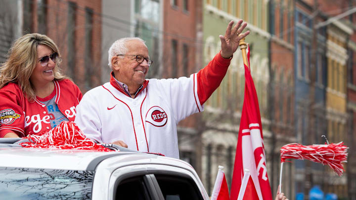Hall of Fame announcer Marty Brennaman waves to fans while serving as the Grand Marshal for the canceled 2020 Findlay Market Opening Day Parade, in downtown Cincinnati on Tuesday, April 12, 2022. It was the first time the parade was held since 2019.
