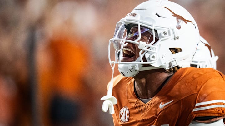 Texas Longhorns linebacker Morice Blackwell Jr. (37) celebrates a play in the third quarter of the Longhorns' game against the Georgia Bulldogs at Darrell K. Royal Texas Memorial Stadium in Austin, Oct. 19, 2024.