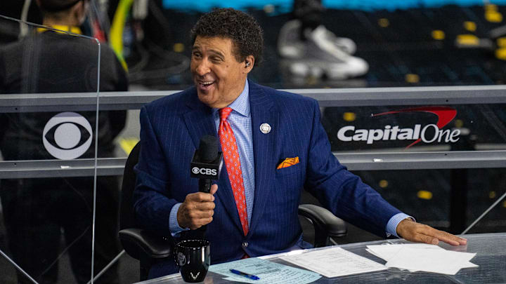 CBS announcer Greg Gumbel during the 2021 NCAA Tournament.