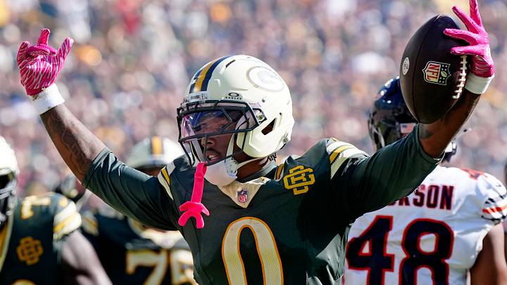 Green Bay Packers wide receiver Matthew Golden (0) celebrates against the Chicago Bears at Lambeau Field.