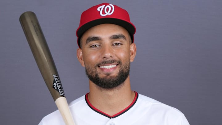 Feb 20, 2026; Palm Beach County, FL, USA;  Washington Nationals catcher Harry Ford (17) poses for a portrait during photo day at CACTI Park of the Palm Beaches. Mandatory Credit: Jim Rassol-Imagn Images